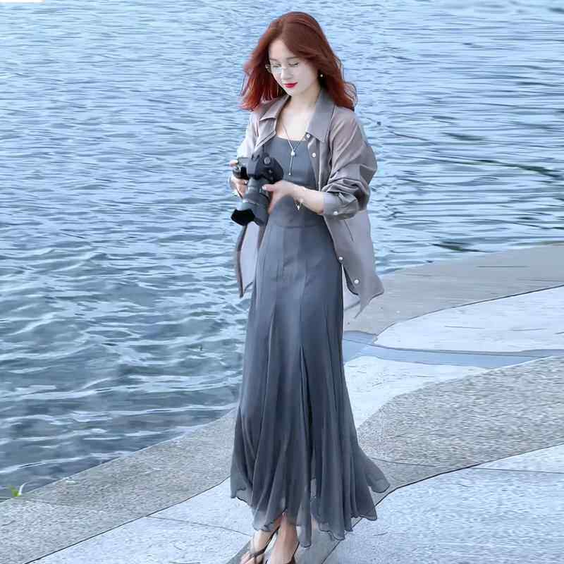 时尚洋派洋装套装女夏季新款搭配一整套防晒衬衫吊带长裙两件套