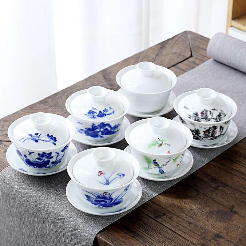 陶瓷盖碗泡茶杯单个高档青花白瓷中式功夫三才碗中国风敬茶杯茶具