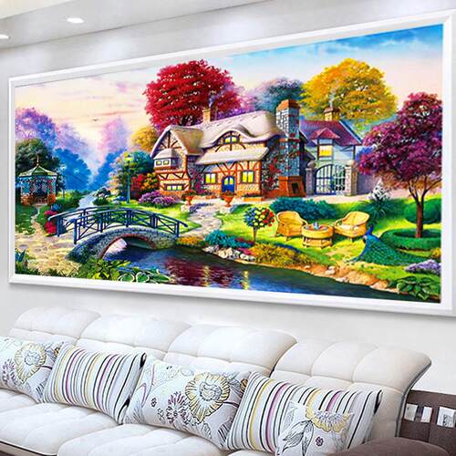 十字绣2021新款客厅线绣简约现代欧式油画花园小屋山水风景画大幅