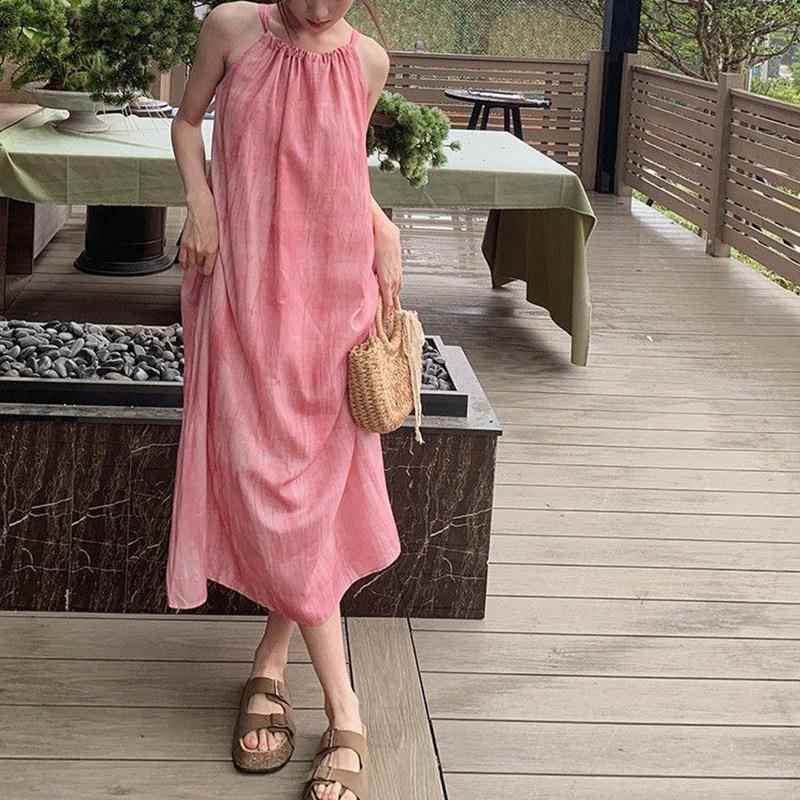 简遇luck品质女装宽松慵懒风甜辣粉色吊带连衣裙女裙子海边度假沙