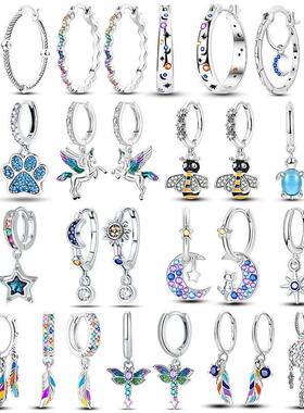 Hoop Earrings 925 Sterling Silver Starry Moon Feather Blue S