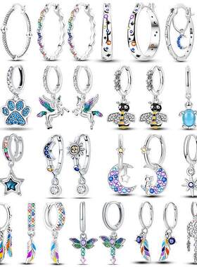 Hoop Earrings 925 Sterling Silver Starry Moon Feather Blue S