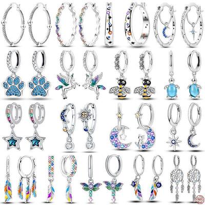 Hoop Earrings 925 Sterling Silver Starry Moon Feather Blue S