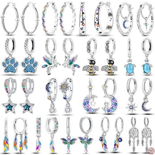 Hoop Earrings 925 Sterling Silver Starry Moon Feather Blue S