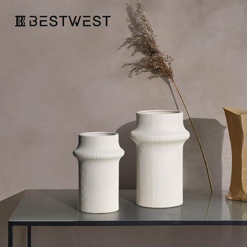 Best west 白色现代简约竹节陶瓷花瓶摆件家居样板间装饰品花器