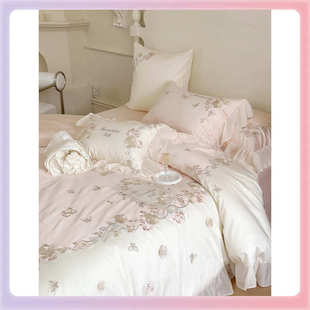 厂家直销TUF4少女心100支双股长绒棉四件套浪漫花卉刺绣被套床上
