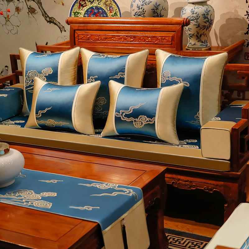 新中式红木沙发垫实木家具刺绣坐垫带靠背古典防滑罗汉床垫子定制