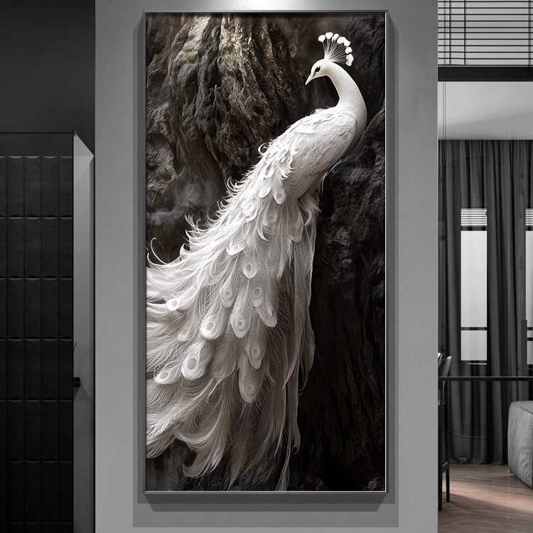 高级感浮雕立体肌理画孔雀挂画入户进门玄关装饰画走廊过道墙壁画图片