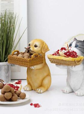 仿真动物宠物狗收纳盒仿藤编收纳篮猫咪摆件桌面零食杂物整理篮