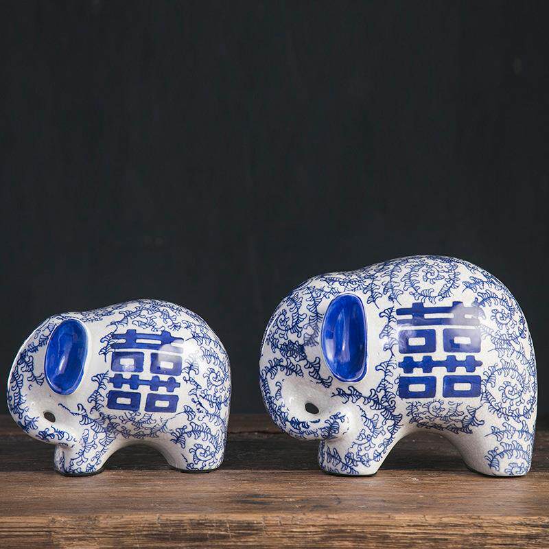 家居酒柜装饰创意青花瓷中式喜字象摆设陶瓷白瓷房间摆件工艺