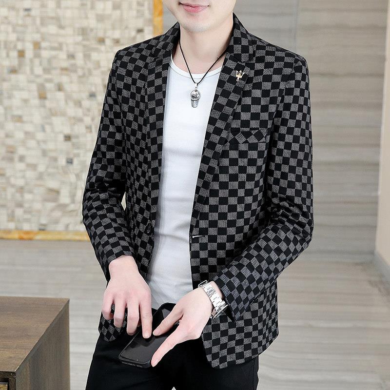 欧洲站格子西装外套男士2024新款韩版春季修身休闲时尚百搭小西服