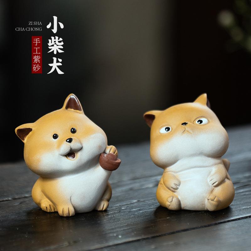 宜兴原矿紫砂段泥小柴犬 茶宠摆件精品可养 秋田犬小狗手工茶玩