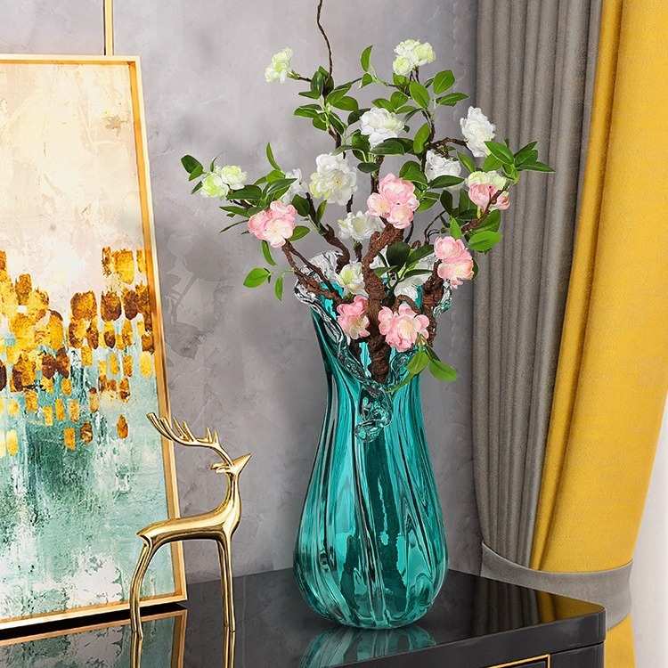 蓝色奢摆件玻璃红客厅桌面花瓶网波浪居家水果盘花边装饰样板间轻