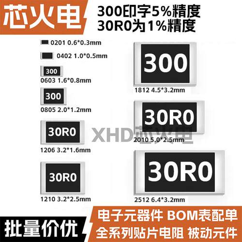 30R欧 贴片电阻 精度5%/1%丝印:300/30R0 0603 0805 1206 2512