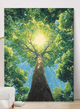 绿色森林参天大树装饰画画客厅丁达尔效应玄关走廊阳光挂画画