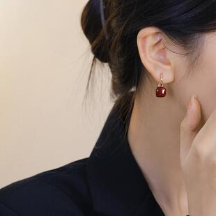 高级感覆古酒红色耳环女新年耳饰秋冬款 过年耳坠 气质名媛喜庆时尚