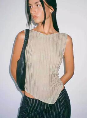 Solid color round neck slim irregular top sleeveless