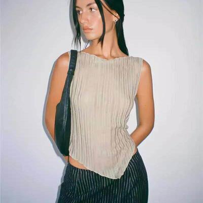 Solid color round neck slim irregular top sleeveless