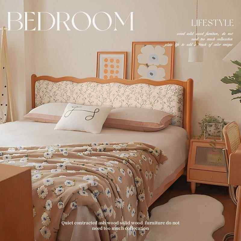 法式实木床樱桃色北欧复古1米8双人床中古风现代简约卧室软包婚床