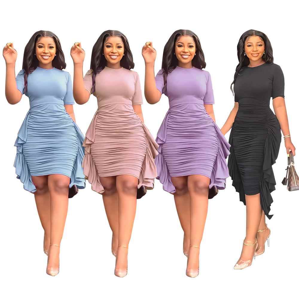 autumn ladies half solid dresses collar folds waist party