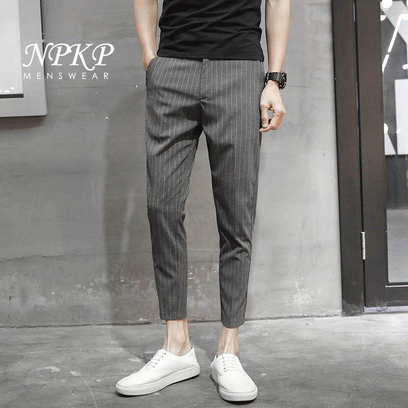 休闲九分裤男士夏季2025新款条纹修身小脚西裤潮流百搭长裤9分裤