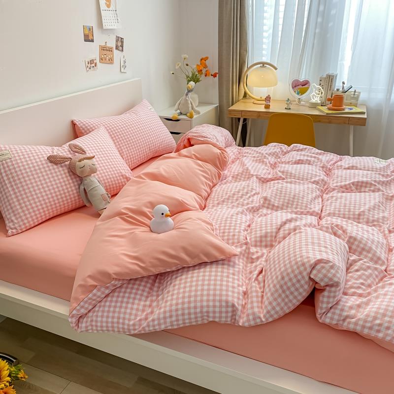 正品日式水洗学棉四件套5m床上用品格子被单人大生宿.舍1三件套床
