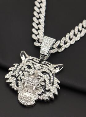 合金镶钻立体大号老虎头吊坠项链男士欧美嘻哈街舞说唱古巴链配饰