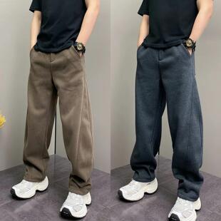 新款 冬季 加绒百搭宽松显瘦弯刀长 直筒休闲厚棉裤 简约明线拼接男士