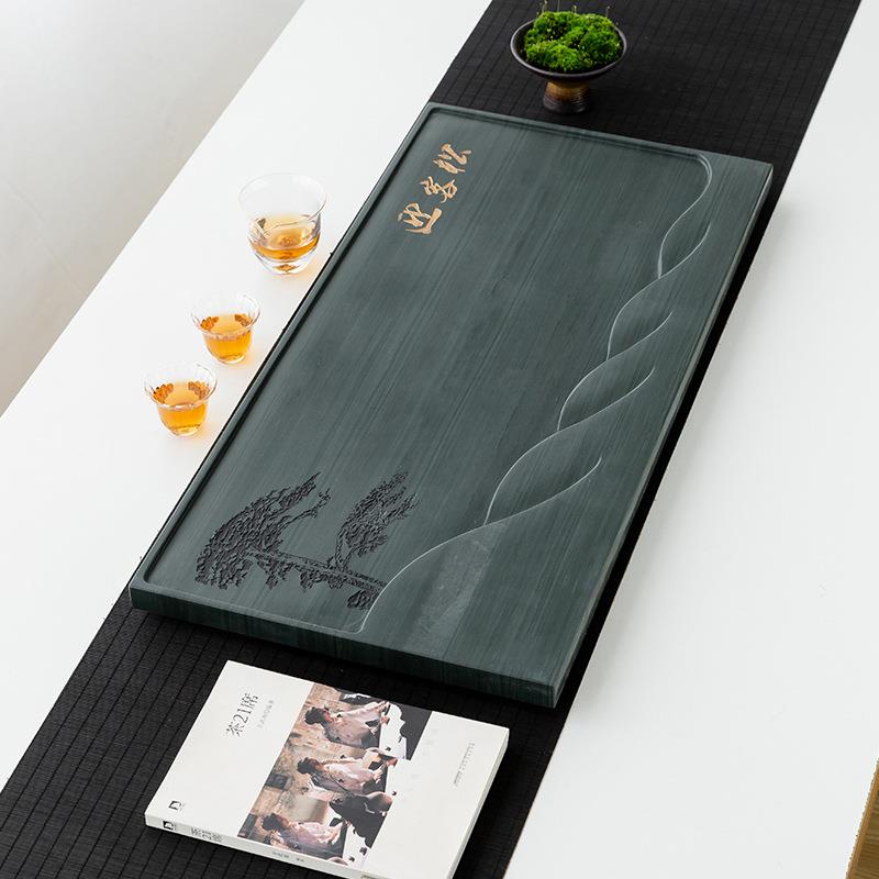 天然绿檀木纹石茶盘家用简约整块石头茶台大茶海轻奢小型排水托盘