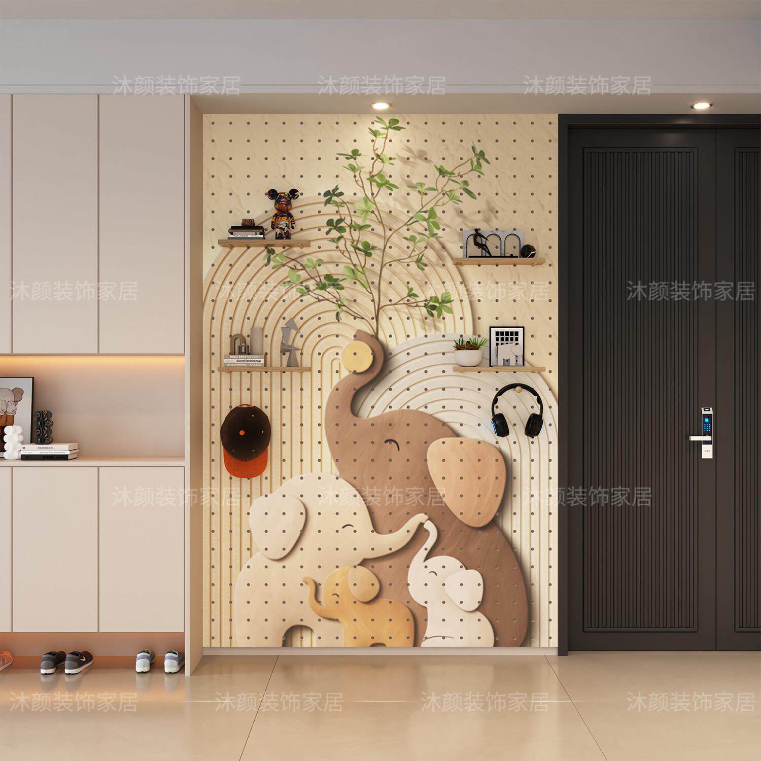 创意实木洞洞板置物架入户玄关大象图案造型墙面装饰收纳遮挡定制