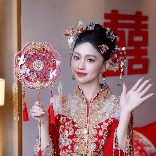 团扇新娘结婚diy材料婚礼喜扇秀禾扇子手工婚扇高级中式成品双面