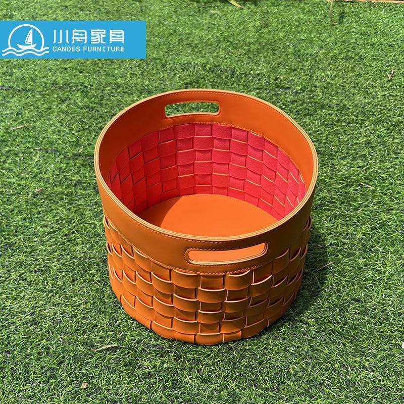 轻奢皮革手工编织收纳篮筐样板间客厅玄关置物筐道具装饰摆件饰品