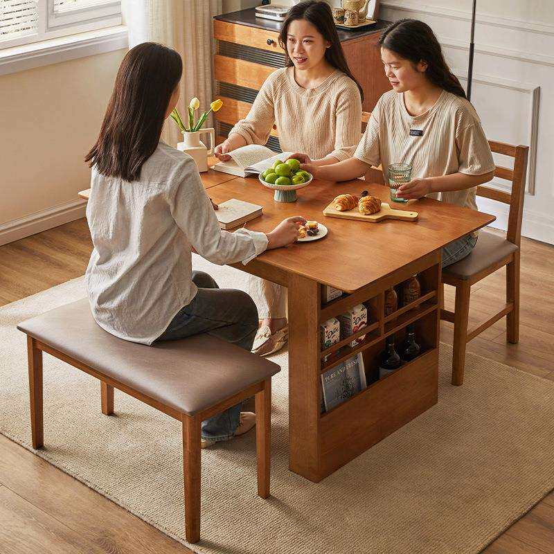 家逸推拉可折叠餐桌实木餐桌椅组合家用吃饭桌子方桌可储物小户型
