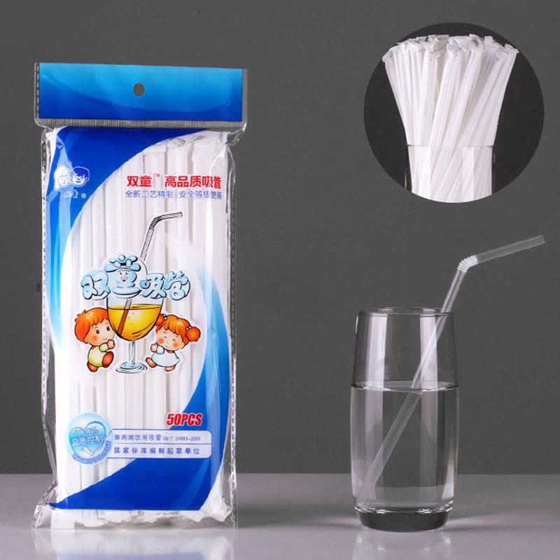 独立包装的双童纸吸管，适用于一次性饮料、奶茶等。该吸管透明且图片