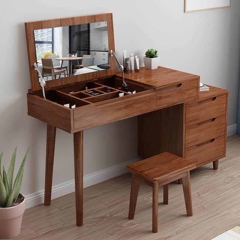 全实木梳妆台收纳柜一体北欧小户型卧室翻盖化妆桌凳多功能电脑桌