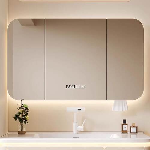 定制单独浴室智能镜柜卫生间挂墙式圆角镜子带灯实木圆弧储物镜箱