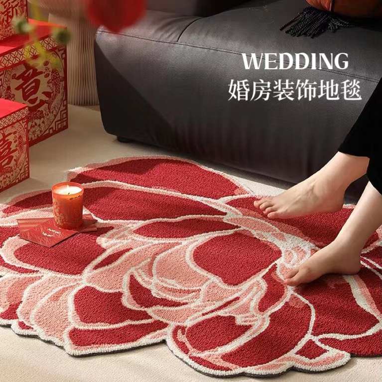 山茶花满绣圈绒地垫婚房布置入户客厅卧室装饰喜庆红色地毯床边毯