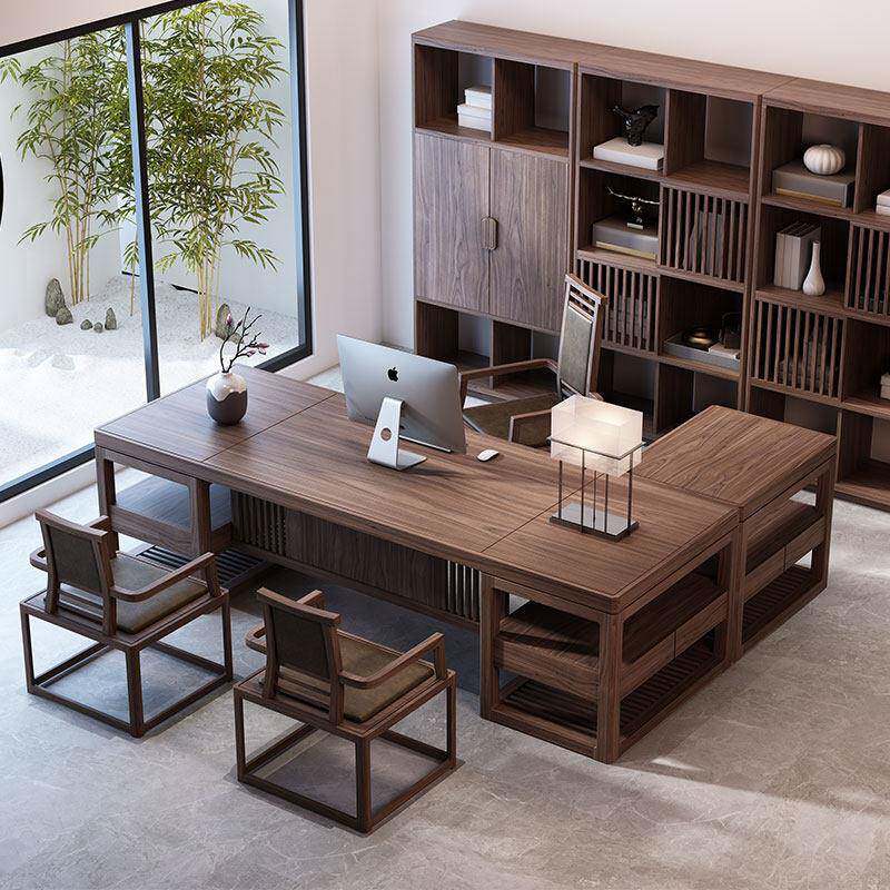 新中式胡桃木办公桌椅组合实木总裁老板桌大气大班台办公家具定制