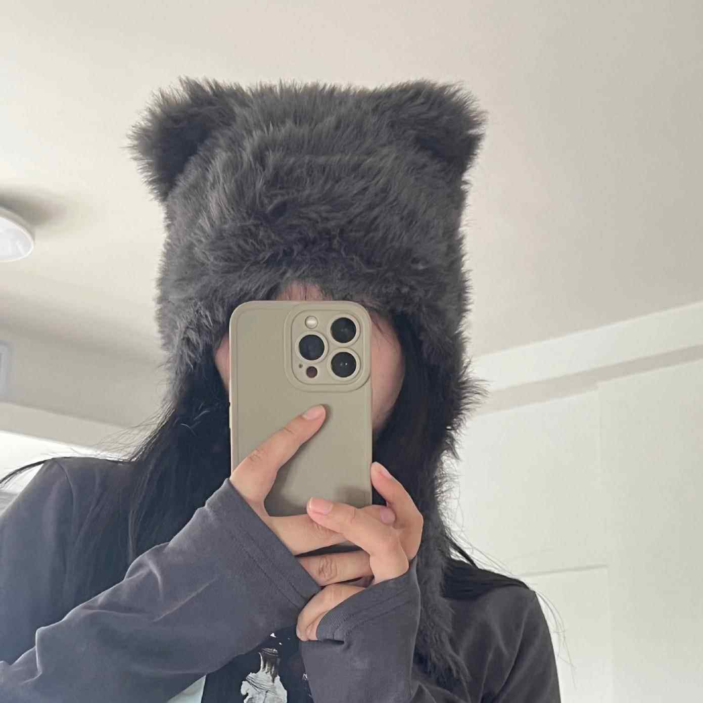 可爱猫耳毛绒帽子女款秋冬季保暖白色毛茸茸护耳针织显脸小包头帽