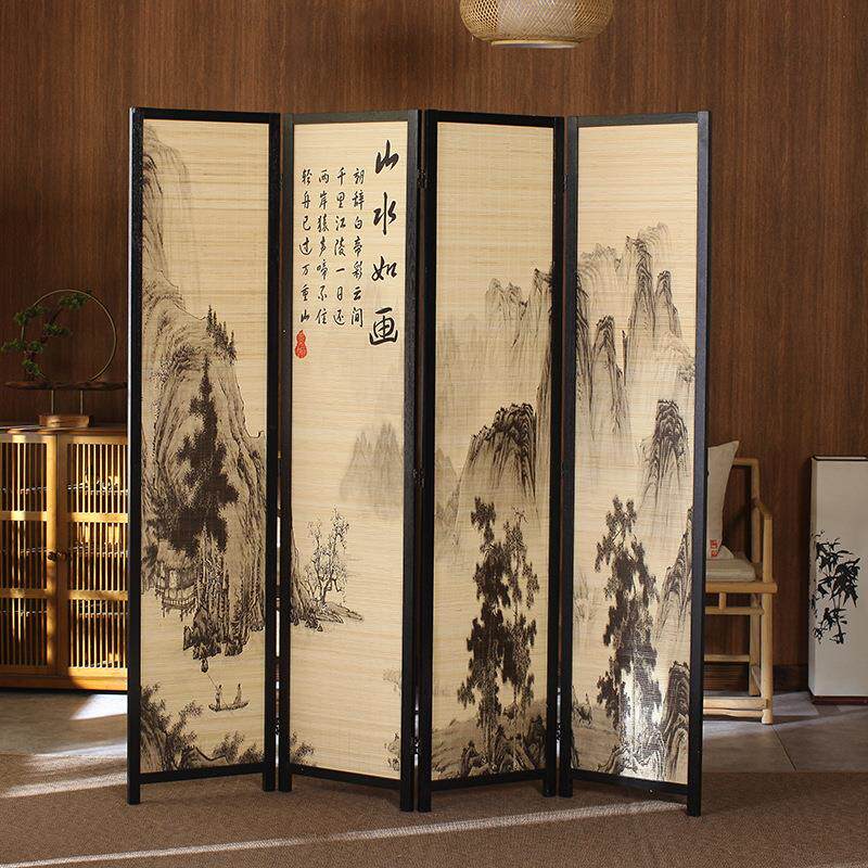 简约现代屏风隔断客厅玄关折叠移动简易办公移动屏风山水如画四屏