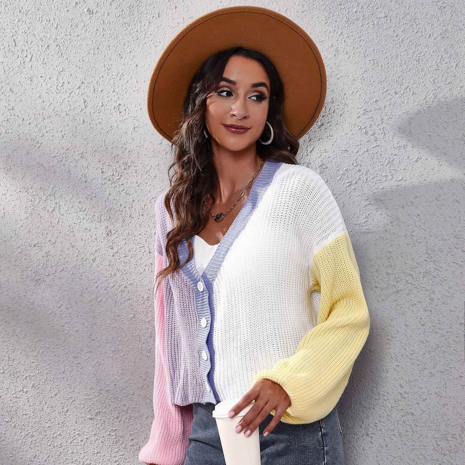 Contrast color knitted cardigan block short sweater womens