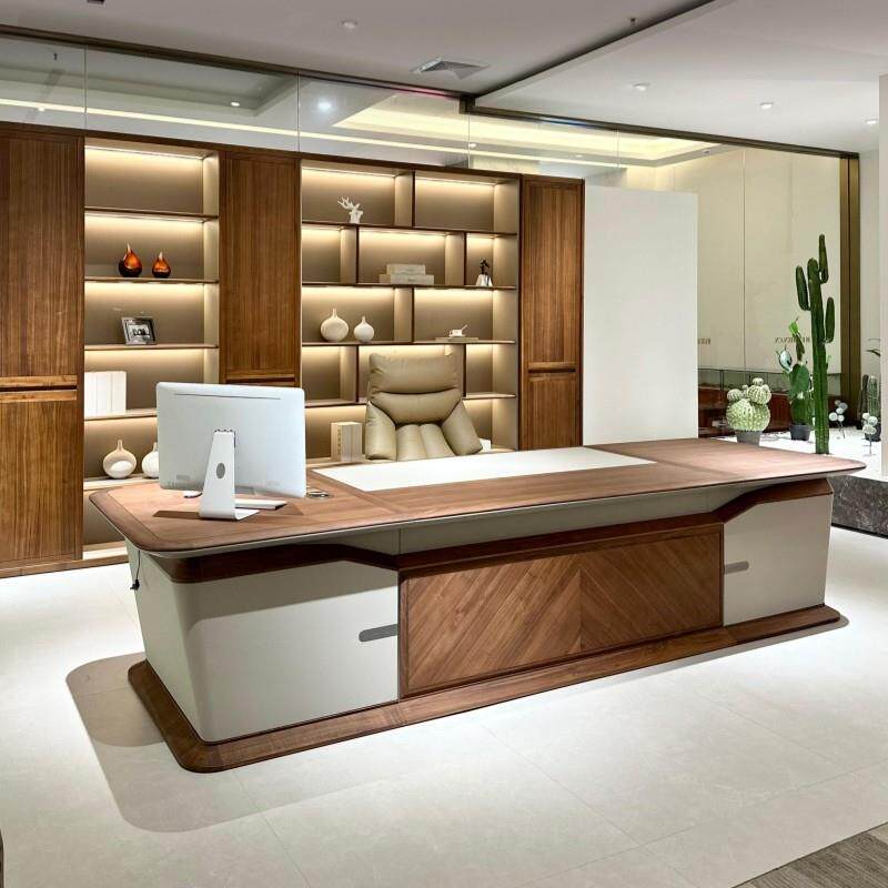 新中式北美黑胡桃木实木老板2025新款大班台简约大气总裁办公桌