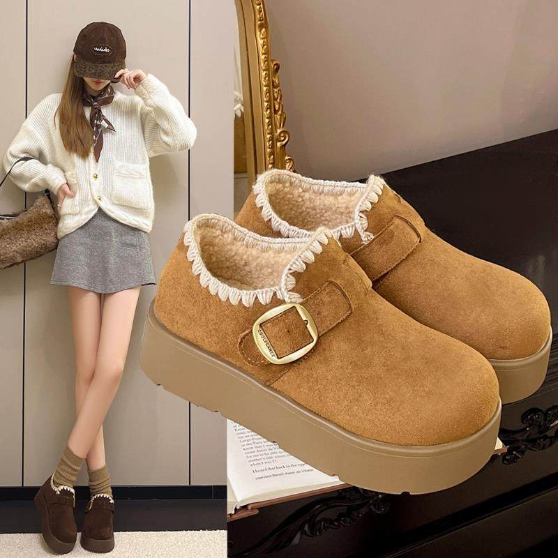 厚底全包勃肯鞋女2025冬季新款花边刺绣一脚蹬乐福鞋加绒保1215r