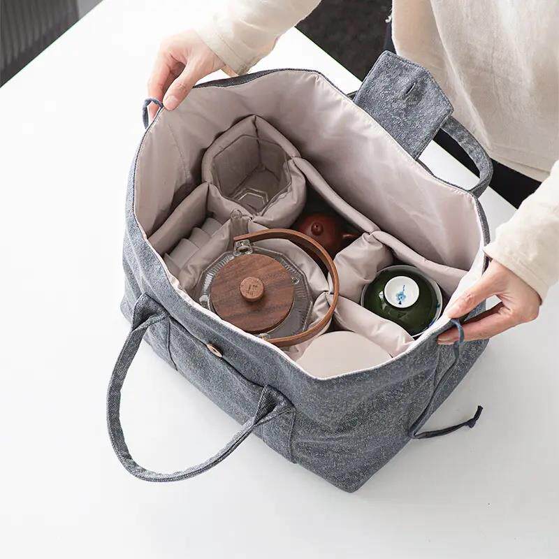 整套旅行茶具收纳包超大号家用户外可携式茶具大容量麻纤维布艺包