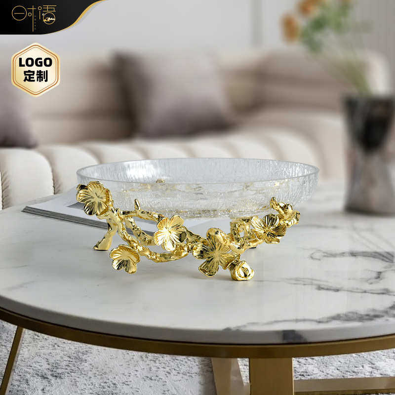欧式轻奢水晶玻璃金属果盘美式高档奢华别墅客厅餐桌水果盘摆件