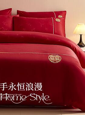 高提花婚床档上被四件套婚dgs63庆大红色婚床床品被套新婚用品喜