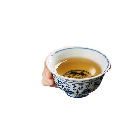 景德镇永乐青花压手杯陶瓷手工仿古缠枝莲个人专用主人杯高档茶杯