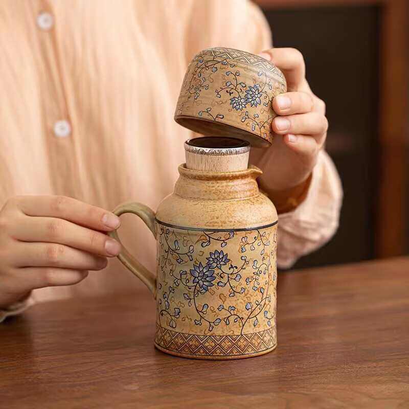 缠枝莲古陶小暖壶复古闷茶壶茶杯陶瓷保温壶茶具商务礼品伴手礼