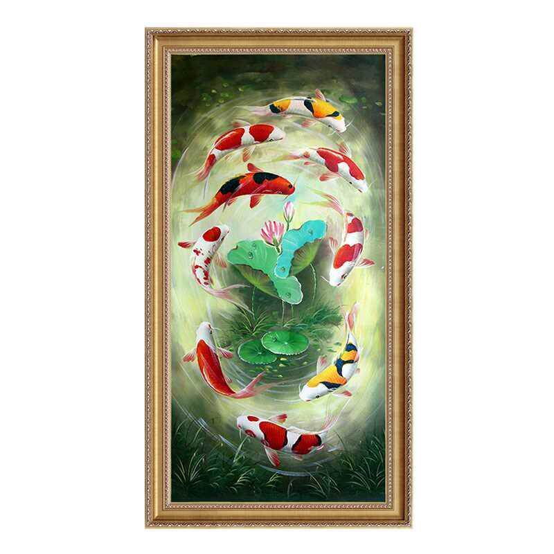 纯手绘油画 玄关装饰画荷花九鱼图新中式客厅走廊风水挂画锦鲤图