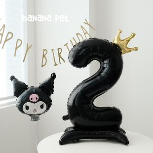 猫咪生日狗狗庆生宠物派对黑色皇冠数字站立气球背景氛围装饰布置